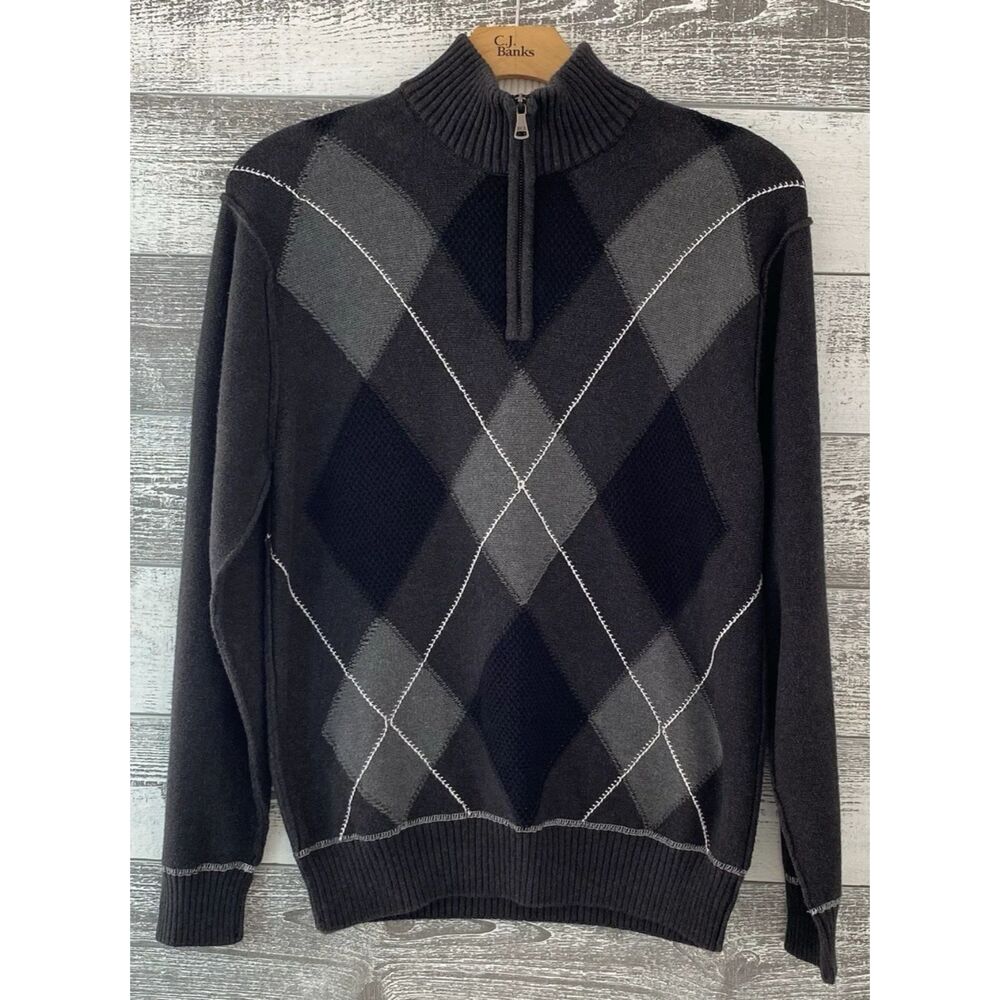 BKE Standard Fit Sweater Men's XL 100% Cotton Gray Black Argyle 1/4 Zip Preppy